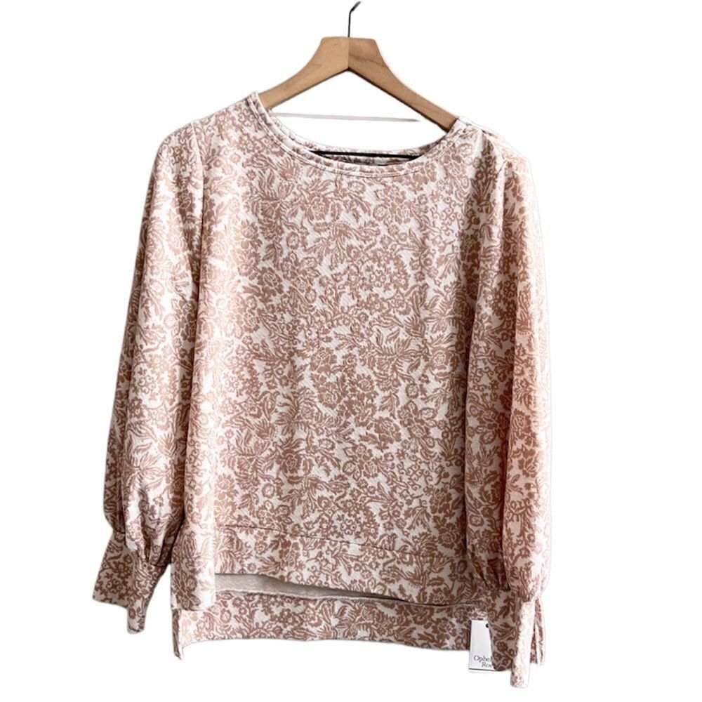 Ophelia Roe NWT Tan Peach Floral Jacquard Puff Sleeve Long Sleeve Blouse Top L